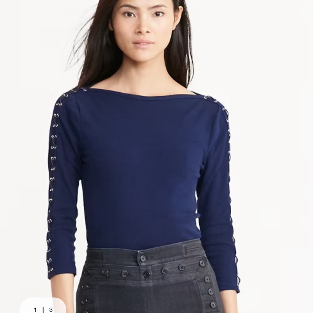 Ralph Lauren Lace Up Boatneck Large Navy Cotton‎